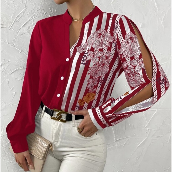 Elegant Striped Floral Print Long Sleeve Button Down Shirt Top Blouse White - Picture 8 of 16